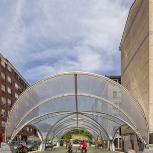 The membrane is made with a single layer ETFE sheet system tensioned.